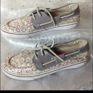 SPERRY Gray Pink Leopard Sequin Top Siders Big Girls Size 5.5 Shoes